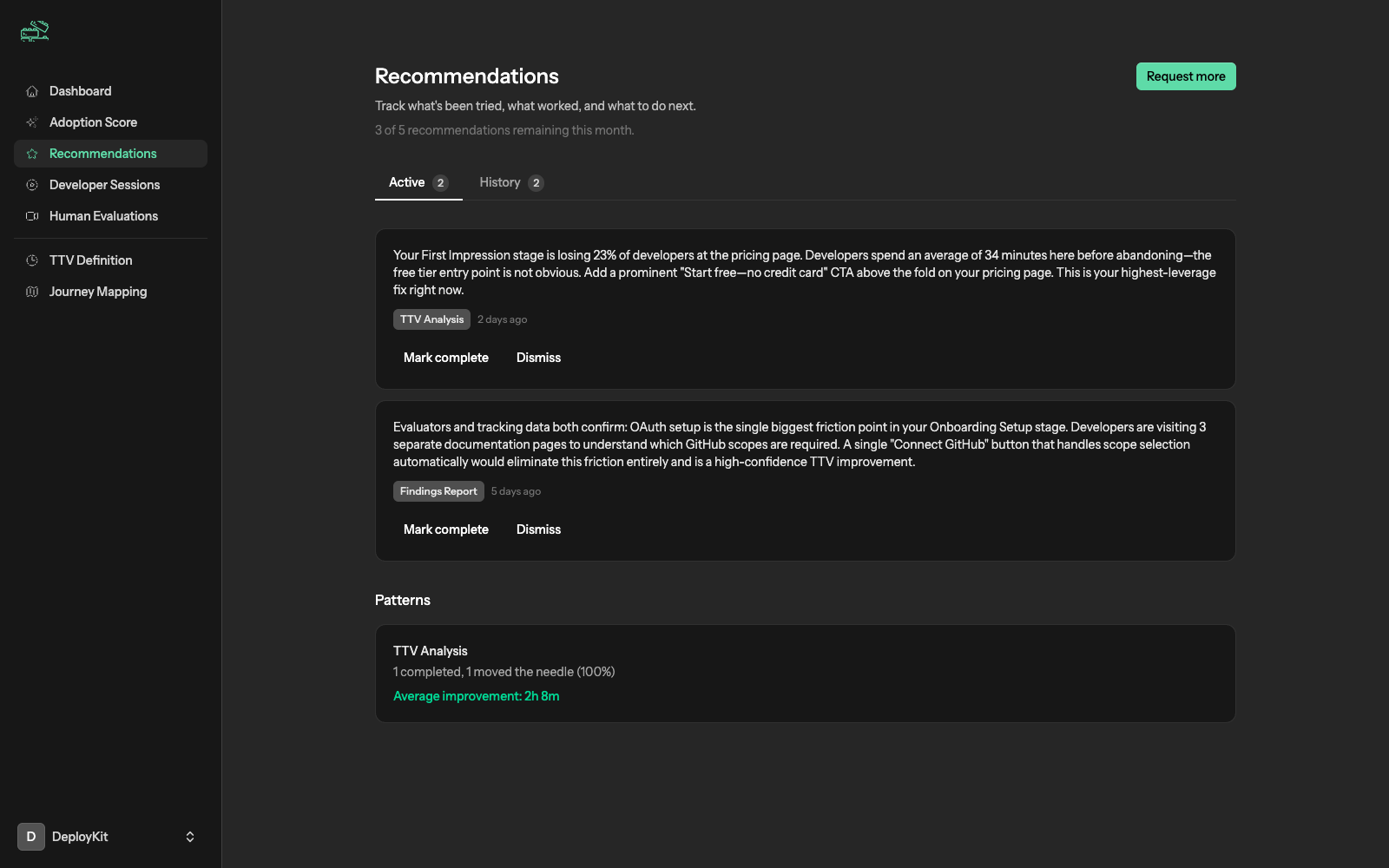 Recommendations engine showing prioritized developer experience improvements